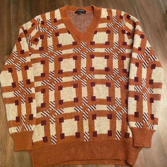 BOLONGARO- brown/tan pattern vneck sweater - Picture 1 of 2